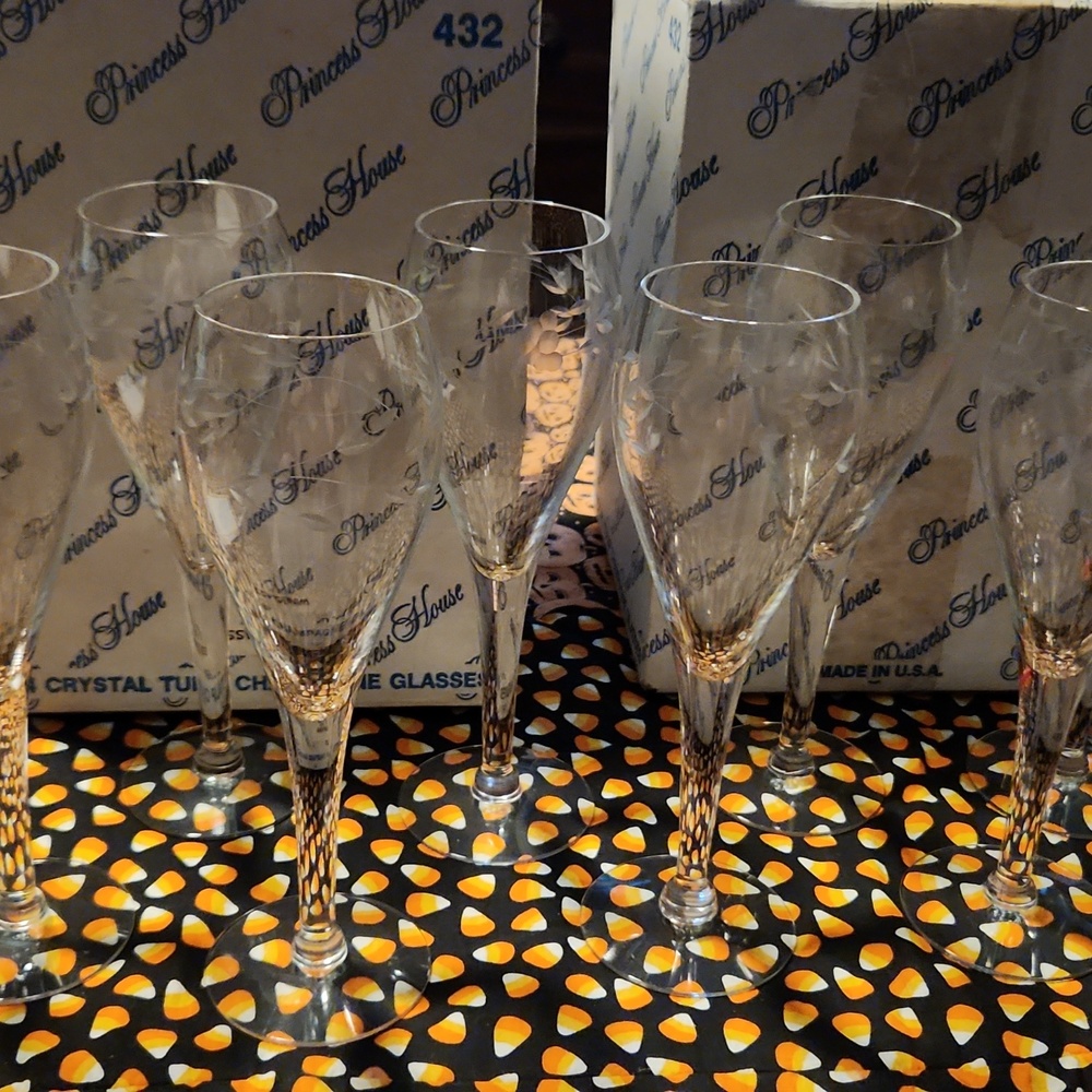 8 Princess Hertiage Handblown Elegant Crystal Champagne Flutes